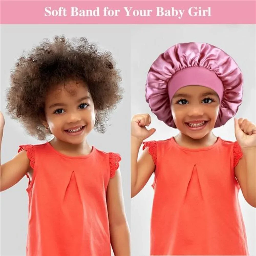 Kids Satin Sleep Bonnets–Soft Adjustable Caps with Wide Bands+6 Bonus Scrunchies